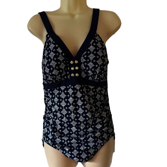 Christina size 8D (cup) Navy & White print one piece Swimsuit Waist Minimizer - Picture 1 of 10
